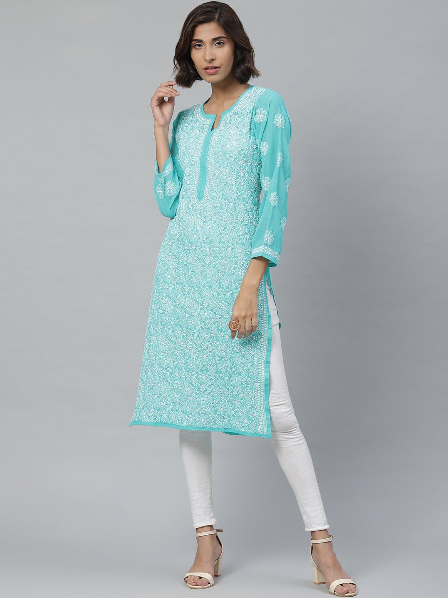 ADA Women Sea Green & White Floral Chikankari Embroidered Straight Sustainable Handloom Kurta