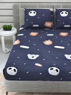 DREAM WEAVERZ Navy Blue & White Conversational Glazed Cotton 220 TC King Bedsheet with 2 Pillow Covers