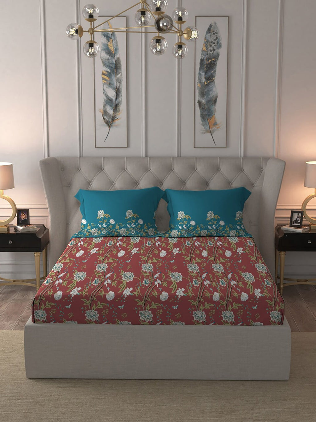 MYTRIDENT Maroon White Floral Pure Cotton 144 TC Queen Bedsheet With 2 Pillow Covers
