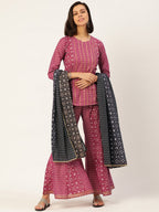 HERE&NOW Women Pink And Black Ethnic Printed Pure Cotton Kurti With Palazzo And Dupatta