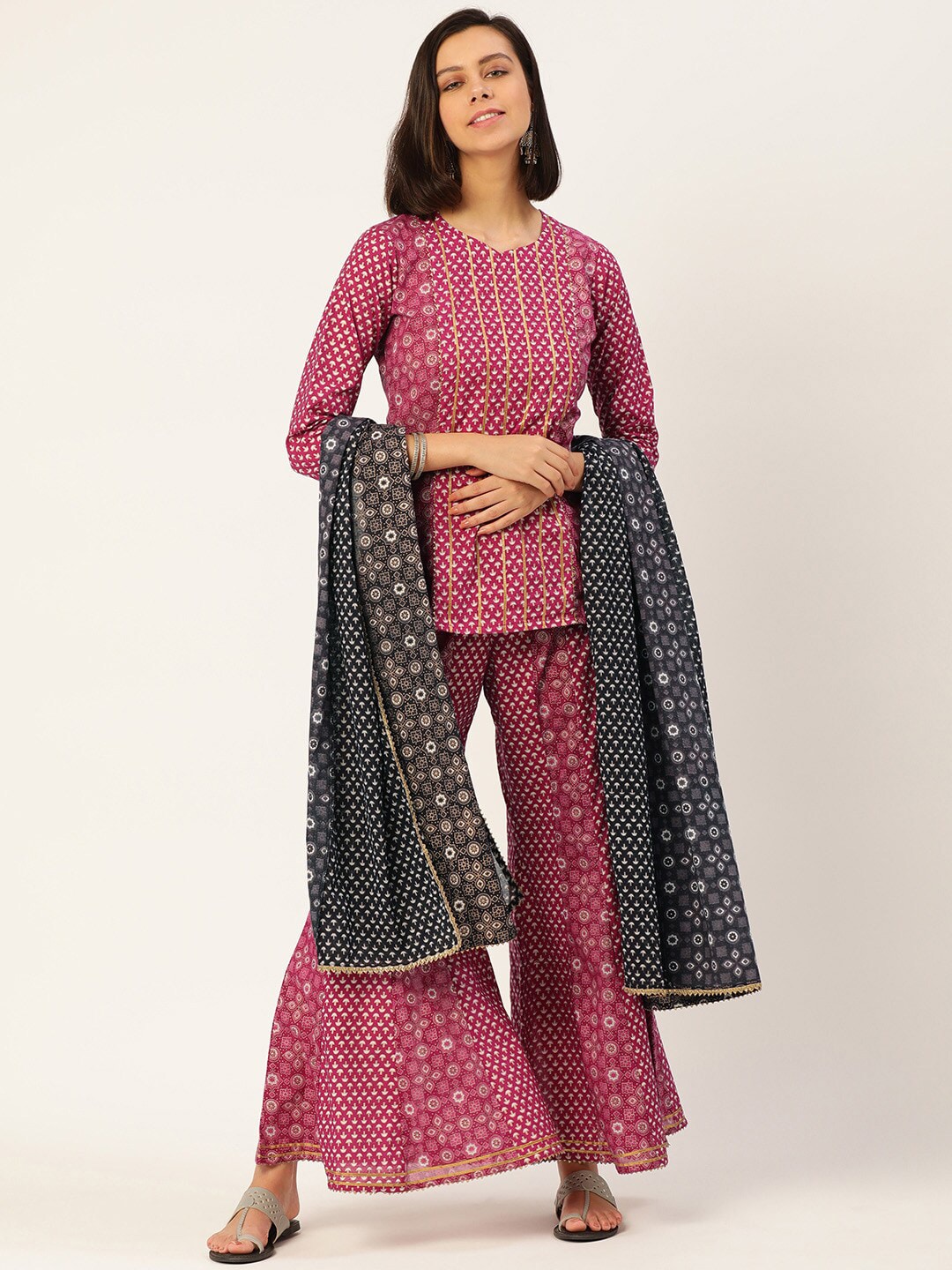 HERE&NOW Women Pink And Black Ethnic Printed Pure Cotton Kurti With Palazzo And Dupatta