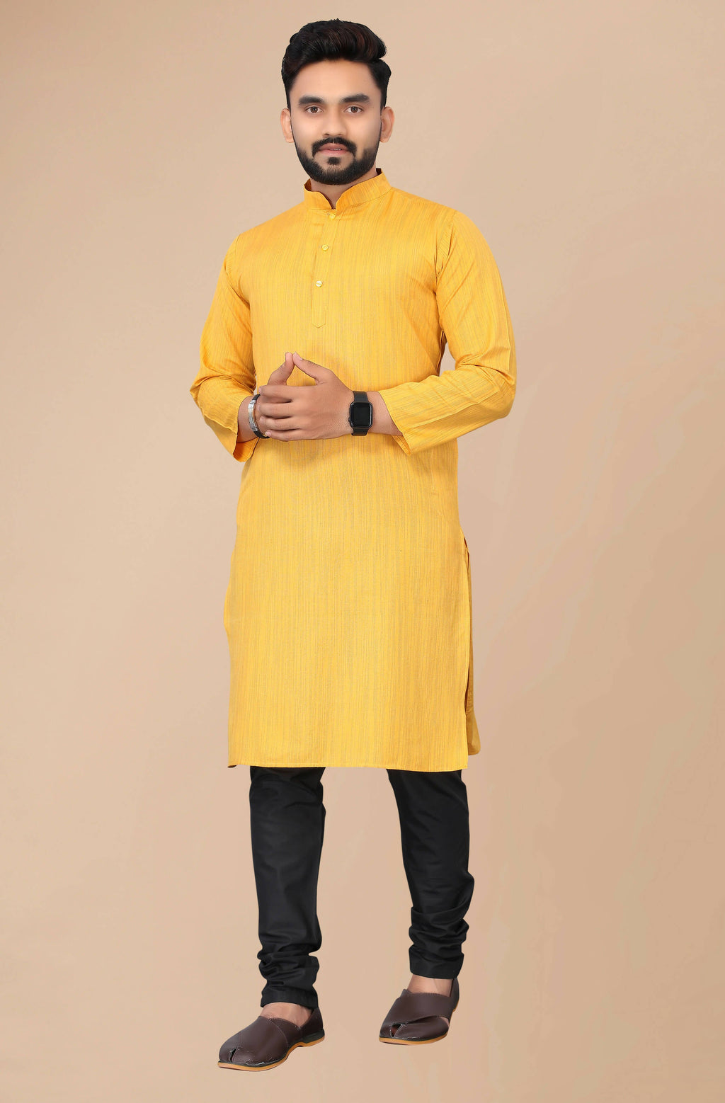 Men's Mustard Striped Cotton Kurta - Mahotsav