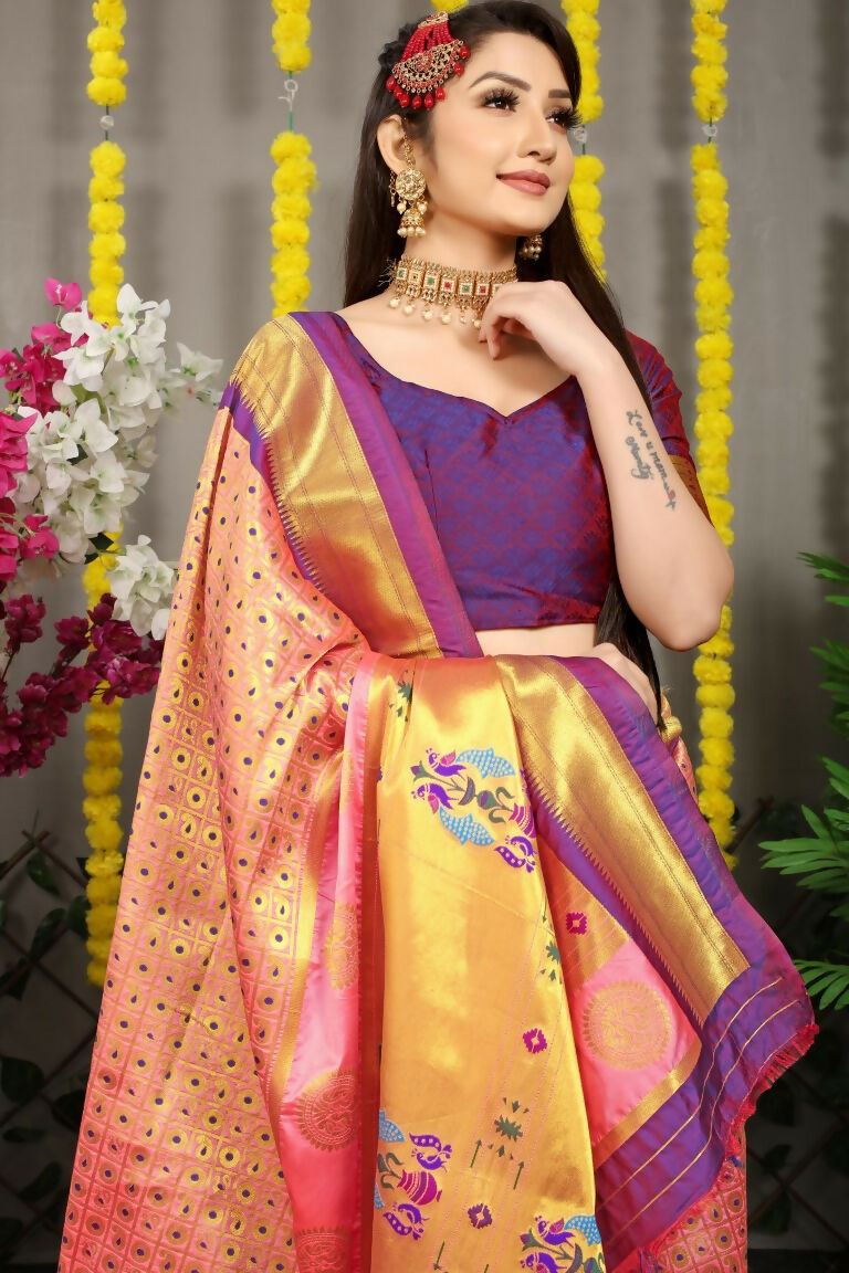 Jyoti Fashion Women's Baby Pink Banarasi Silk Zari Woven Saree with Blouse