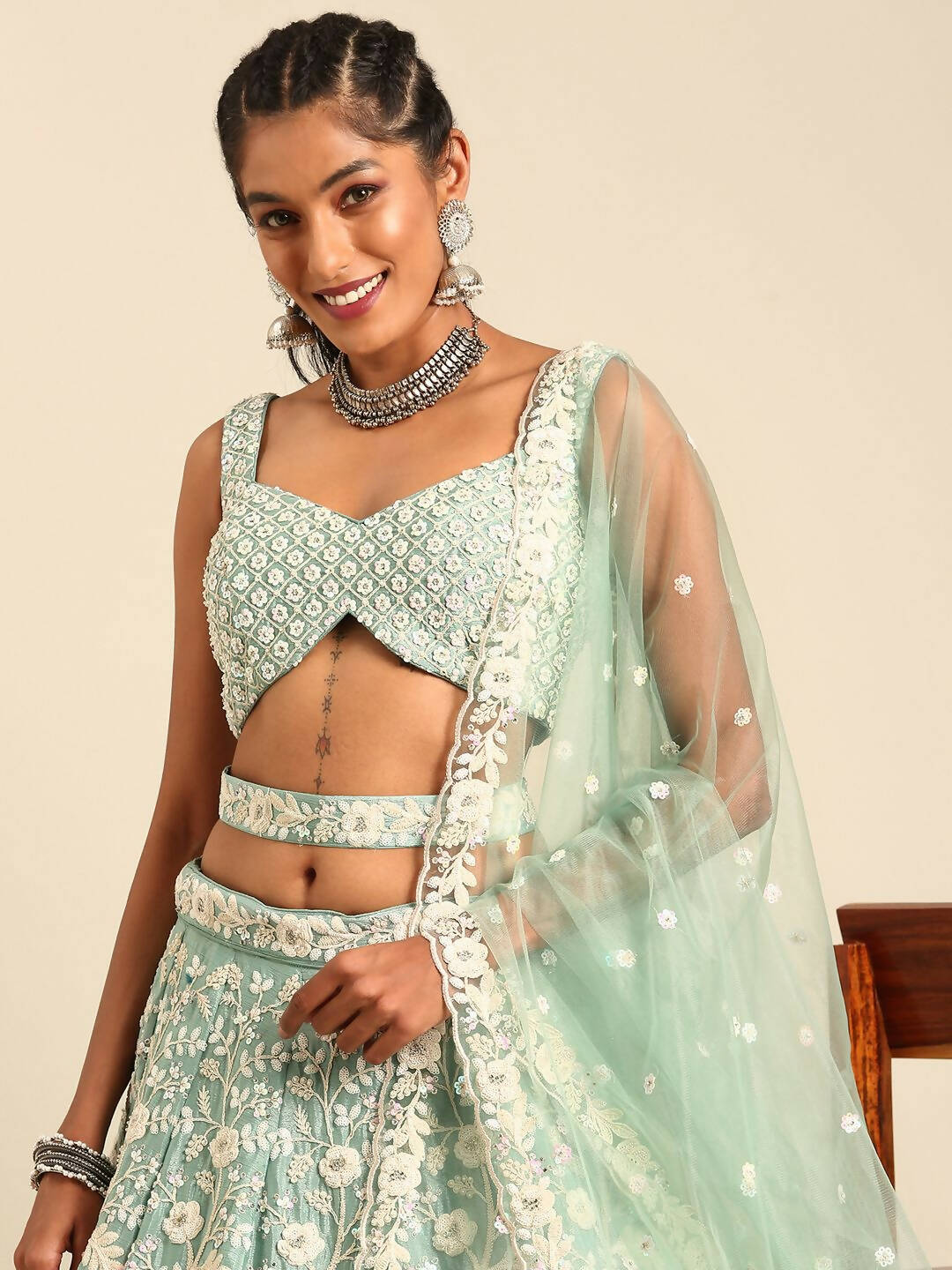 House of Panchhi Sea Green Chinon Sequins and Zarkan embroidery Lehenga choli & Dupatta