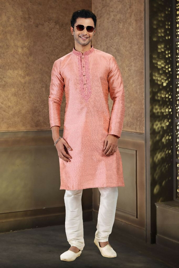 Raivat Ethnic Jacquard Banarasi Silk Thread Work Kurta Pajama In Dark Pink Colour - Distacart