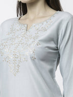 Myshka Grey Silk Blend Embroidered 3/4 Sleeve Round Neck Kurta Pant Dupatta Set