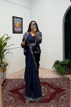 Teeya Creation Blue Color Chinon Silk Wedding Wear Ready To Wear Saree With Koti - Distacart