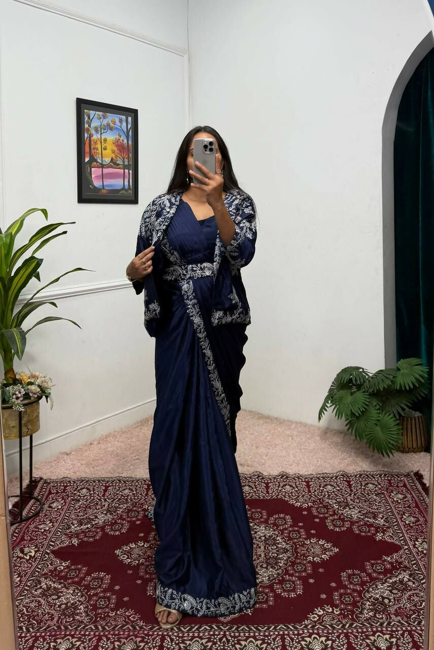 Teeya Creation Blue Color Chinon Silk Wedding Wear Ready To Wear Saree With Koti - Distacart