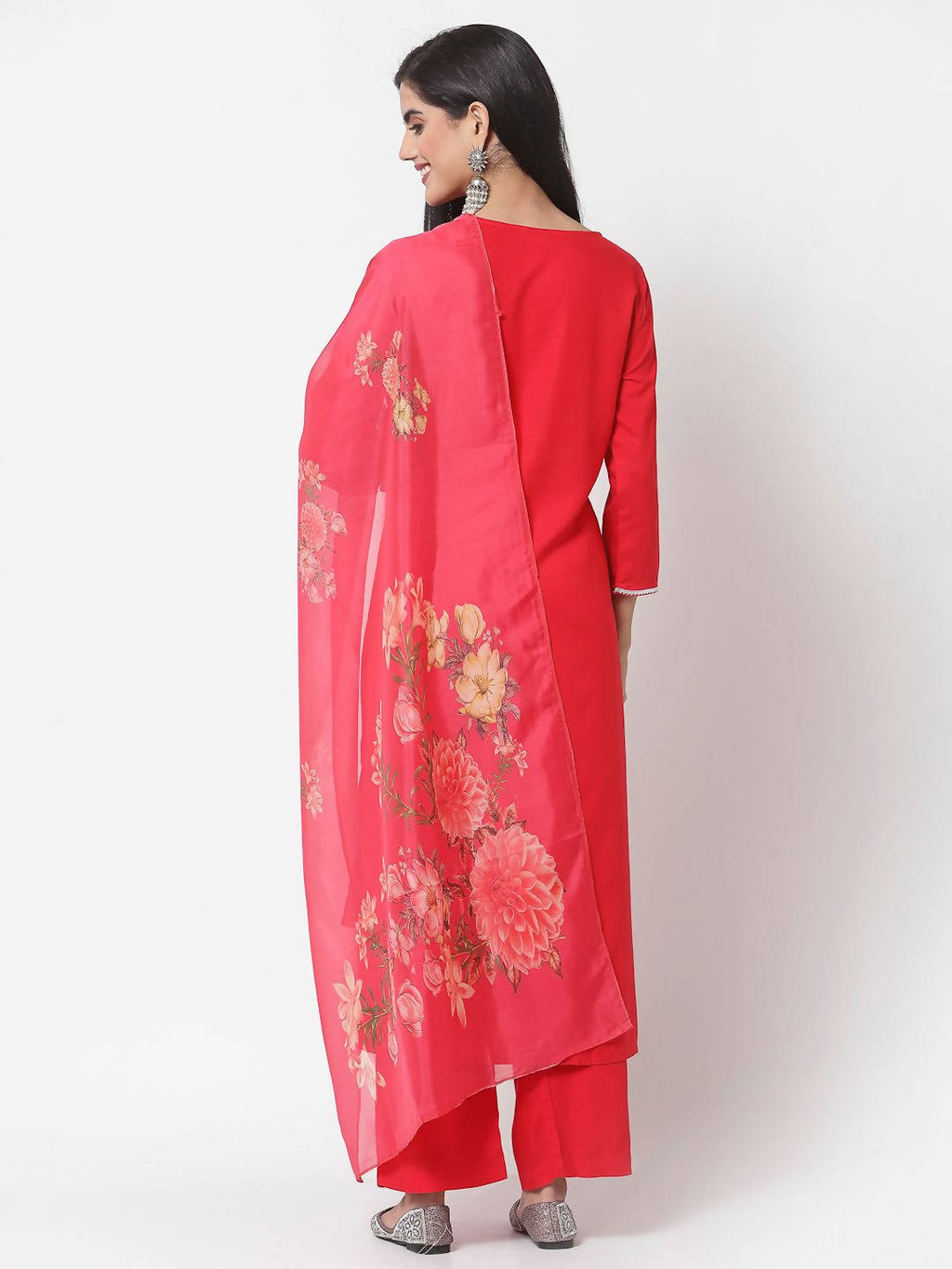 Myshka Red Cotton Solid 3/4 Sleeve Square Neck Casual Kurta Pant Dupatta Set