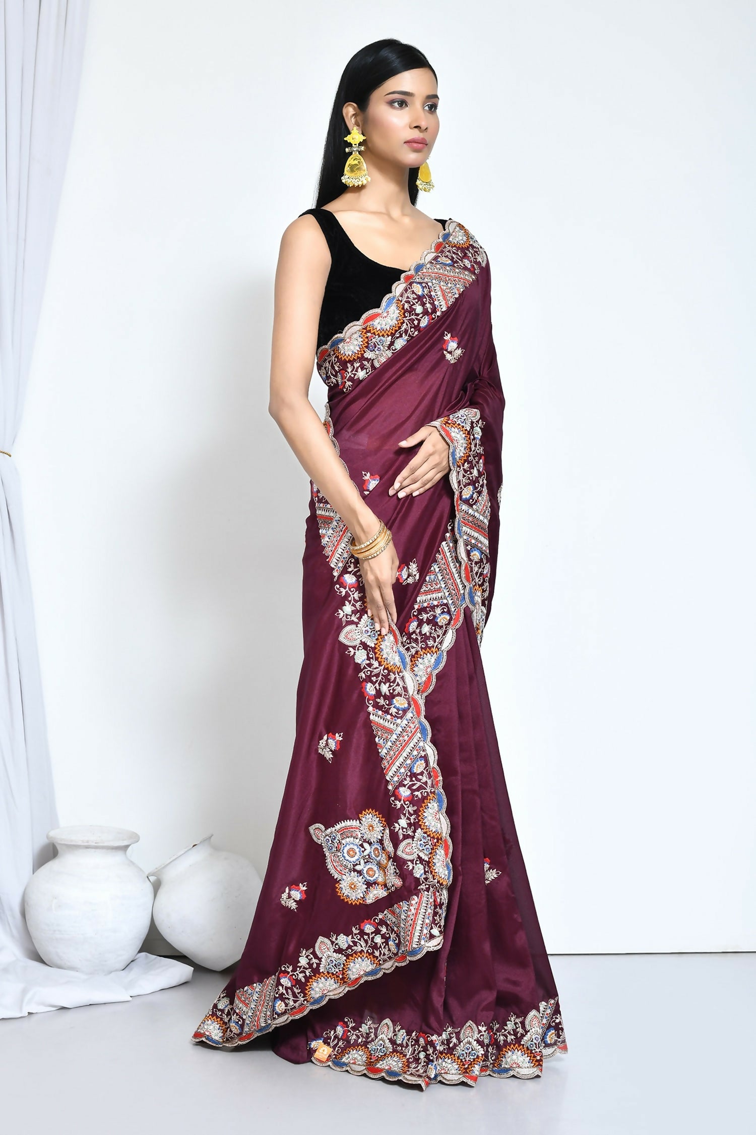 Purple Crepe Silk Sequence Embroidered Saree - Nimaya Benzy