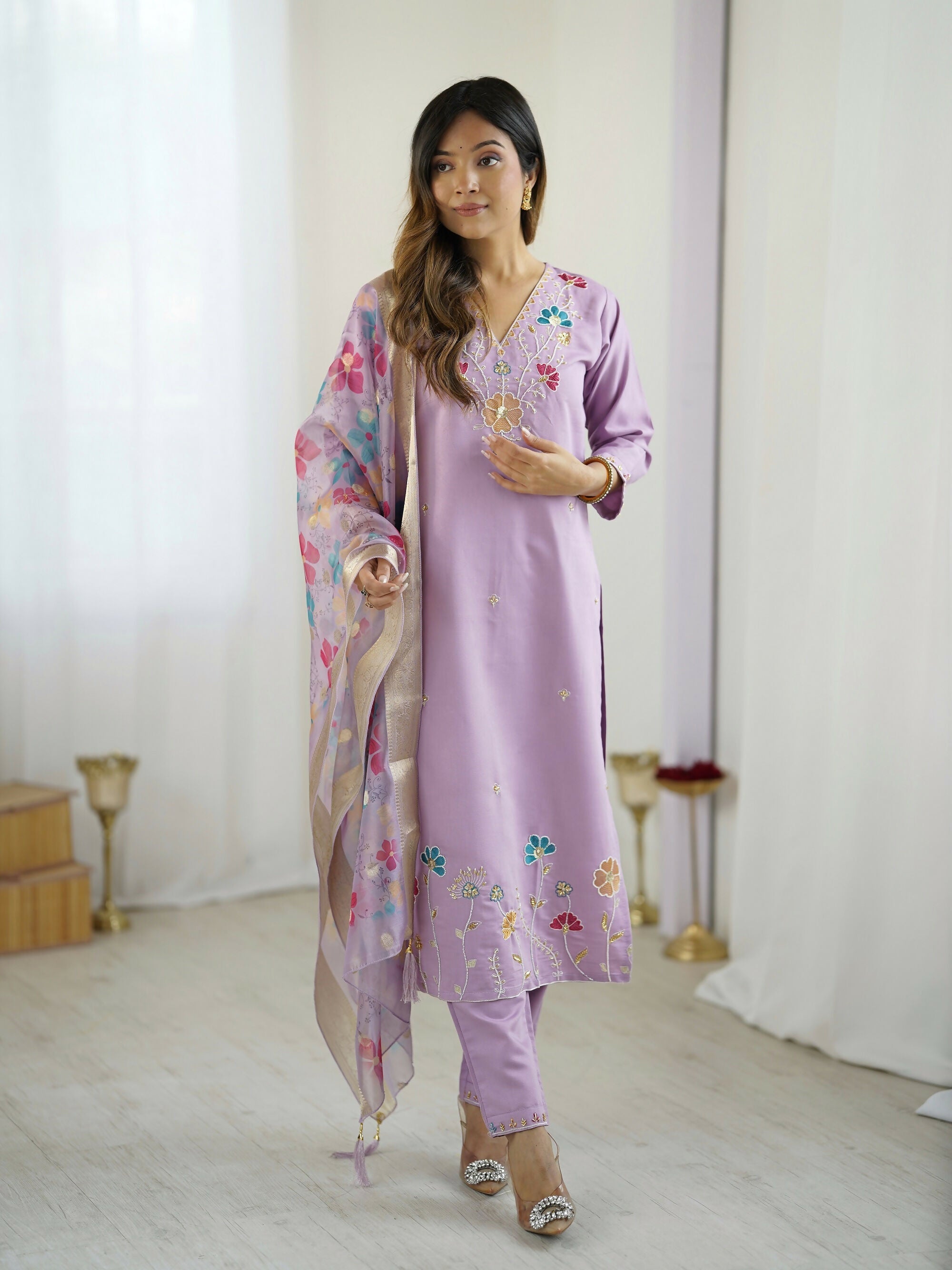 The52 Lavender Women's Gorgeous Embroidered work Viscose Gadhwal Fabric Straight Kurta, Pant and Dupatta Set - Distacart