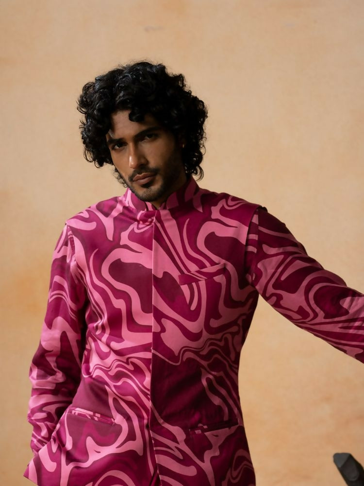Abstract Marble Print Cotton Nehru Jacket Set by Hilo Design
