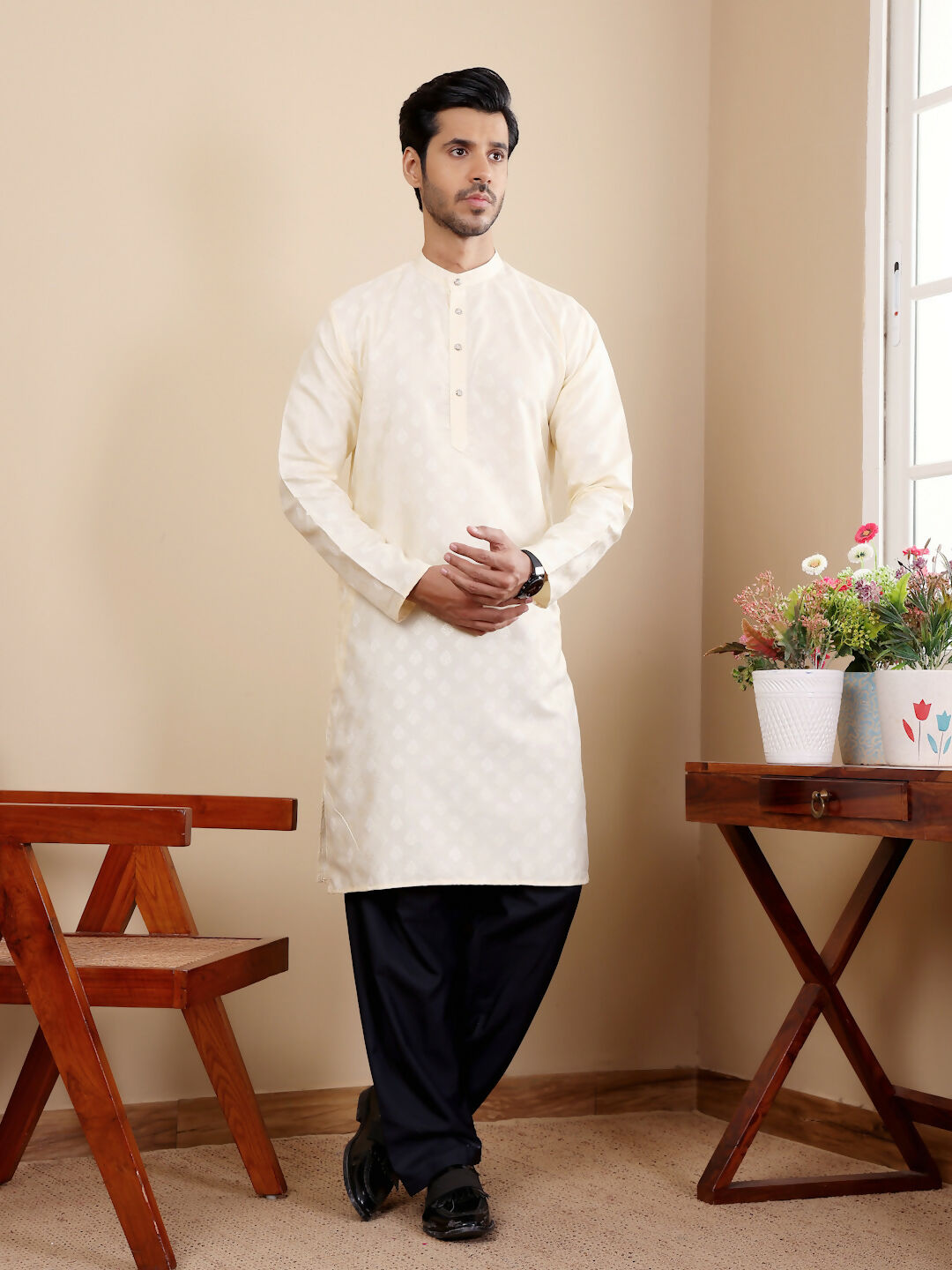 Off White Viscose Woven Jacquard Work Men's Kurta - Mahotsav