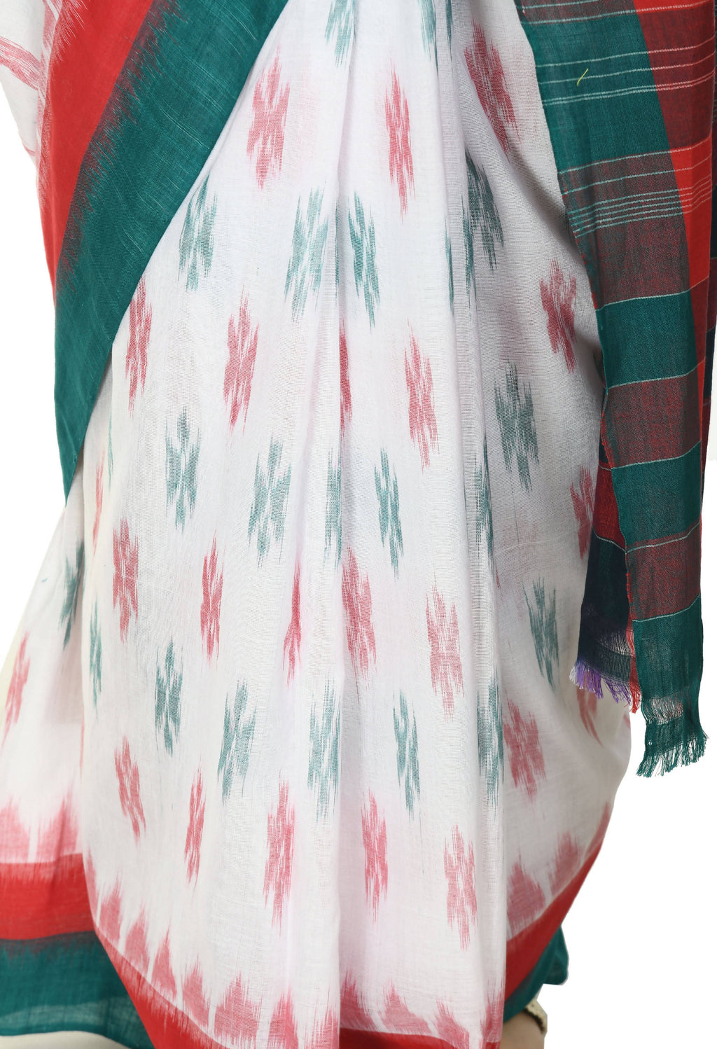 Vamika Sambalpuri Ikat Cotton Dehabandha White, Red & Green Saree - Distacart
