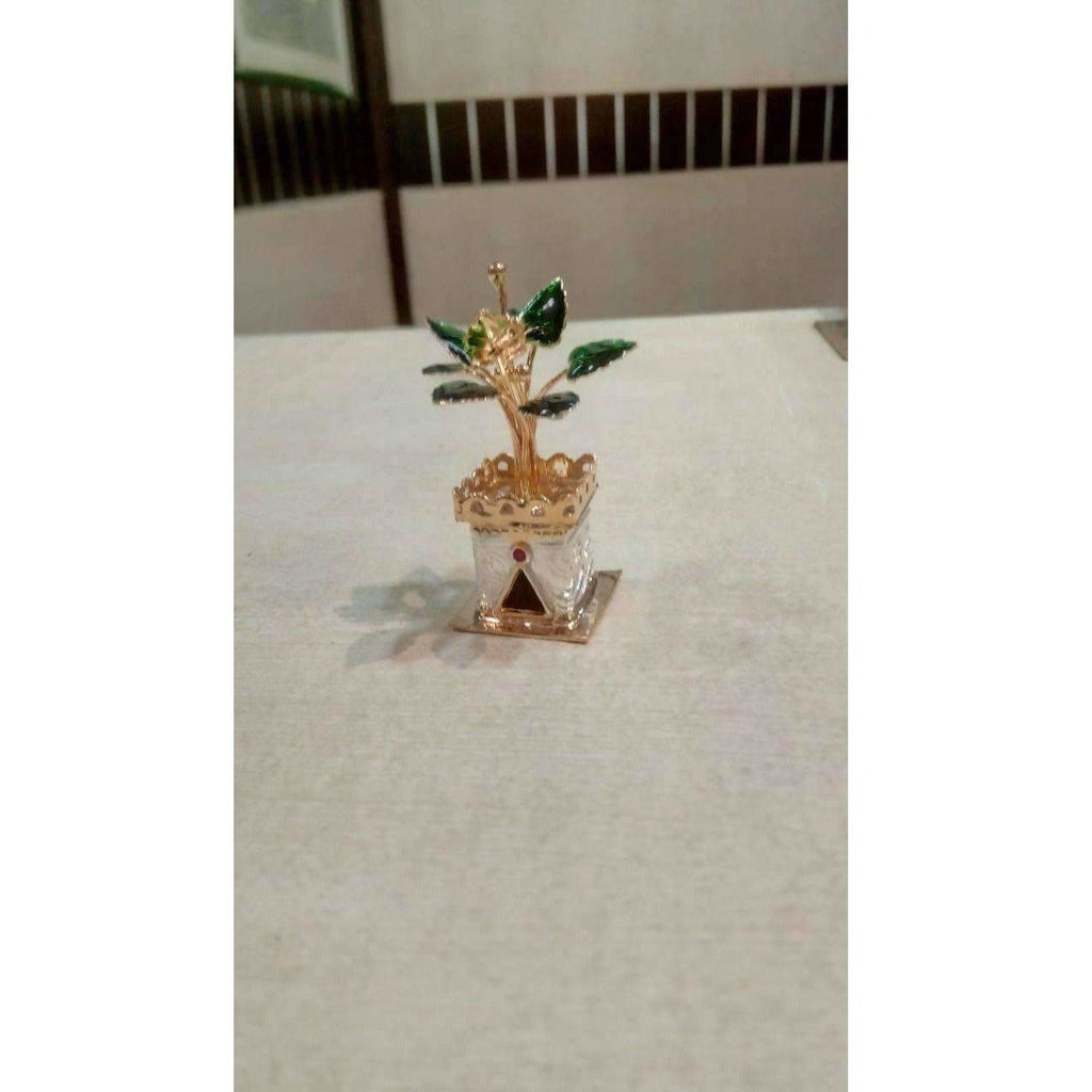 Silver and Gold Coated Decorative Tulsi Item with Green Leaf -Small Size / Tulsi Kota - Small Size