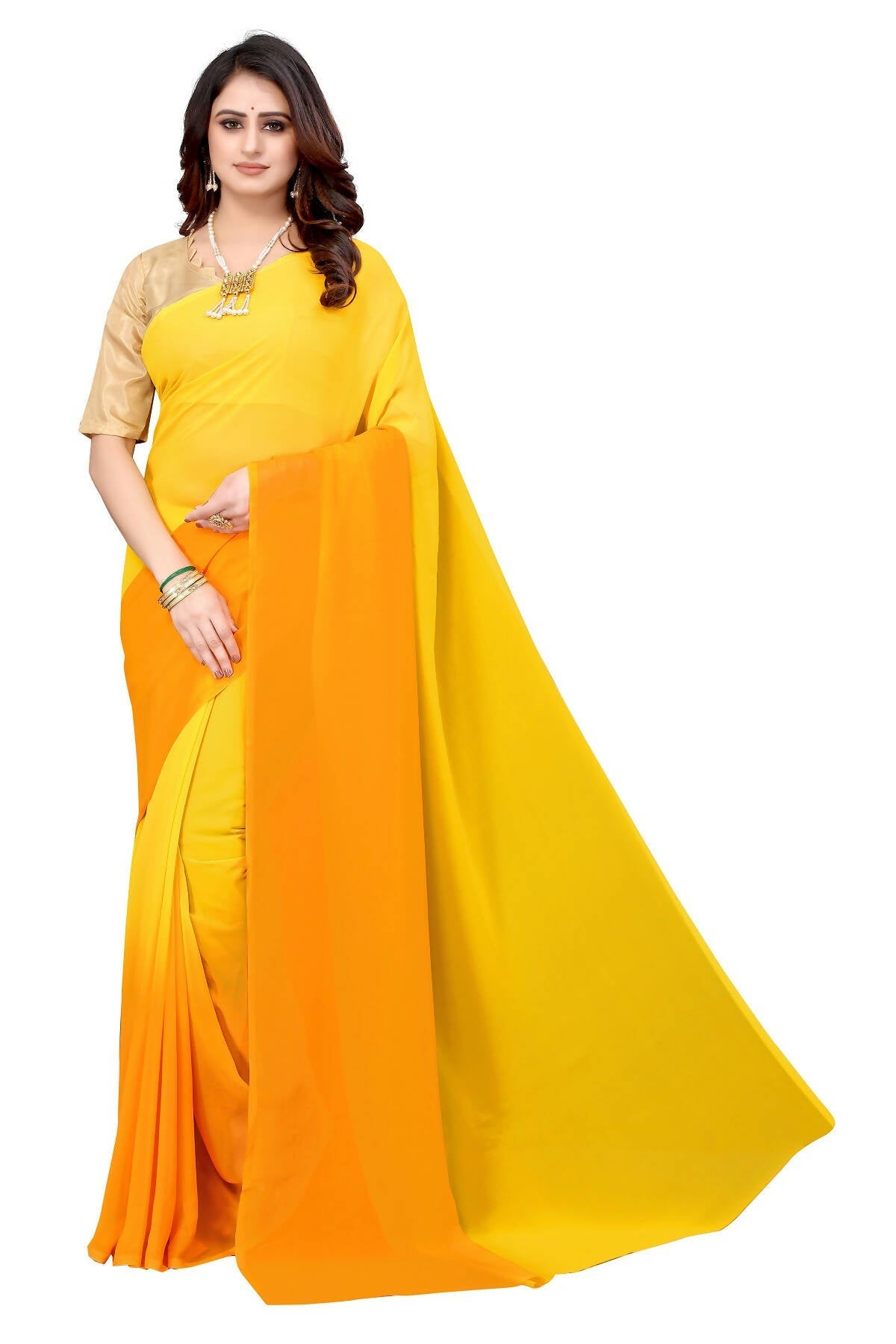 Vamika Yellow Half N Half Georgette Saree - Distacart