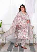Miravan Women's Plus Size Cotton Light Pink Scenic Birds And Leaf Floral Printed Straight Pakistani Style Suit Set