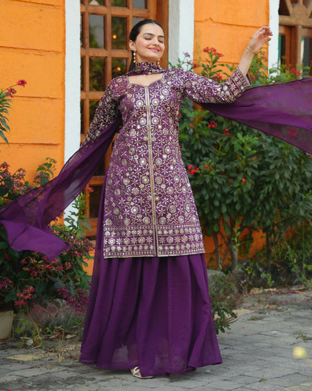 Teeya Creation Wine Color Tapeta Silk Embroidery Work Party Wear Palazzo Set