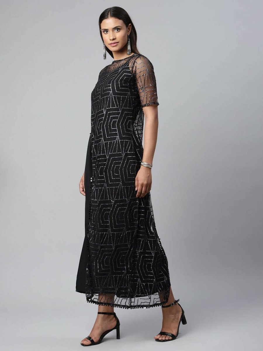 Ahalyaa Womens Black Crepe & Net Glitter Print Jumpsuit - Distacart
