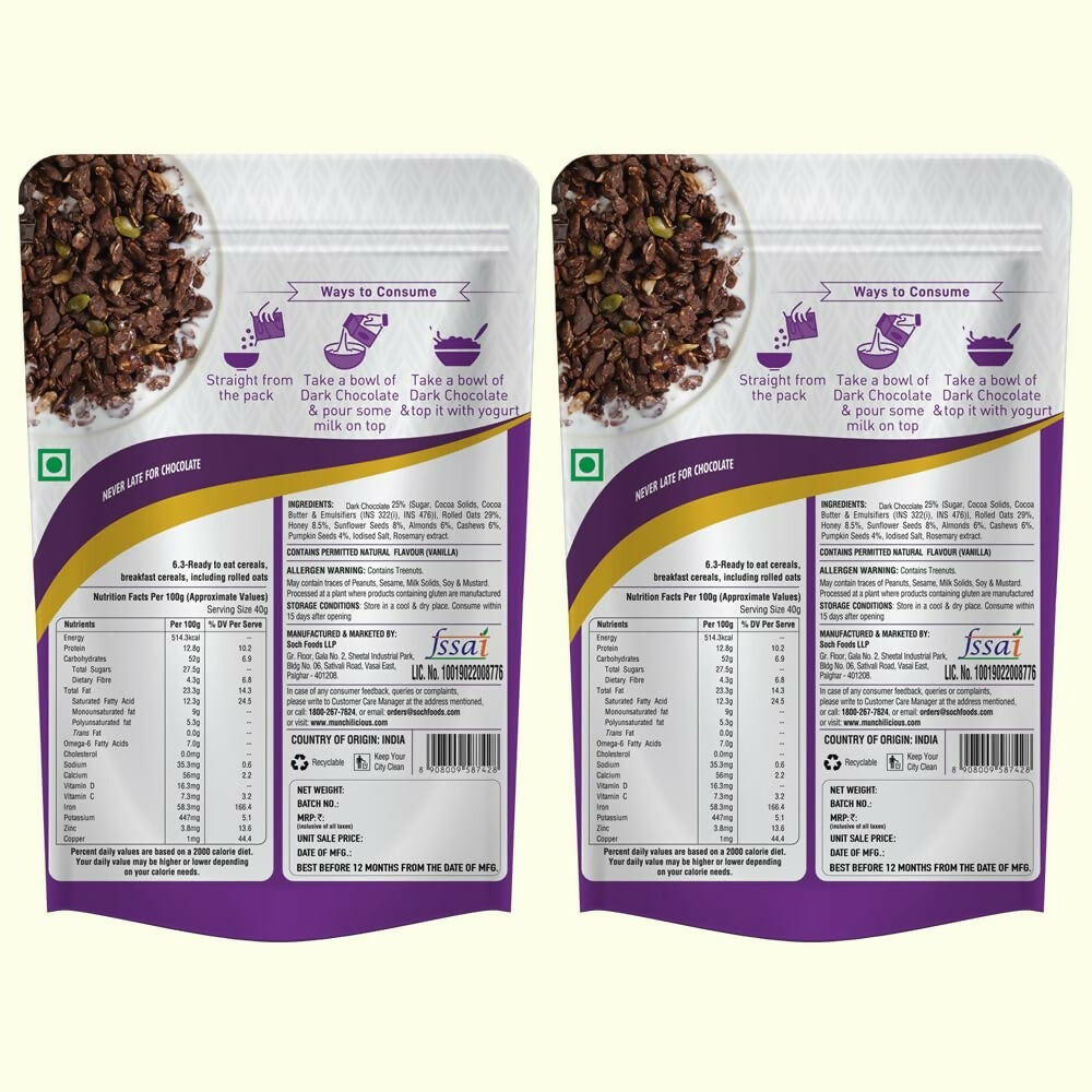 Munchilicious Granola - Dark Chocolate, Healthy & Nutritious Breakfast Cereal with Whole Nuts