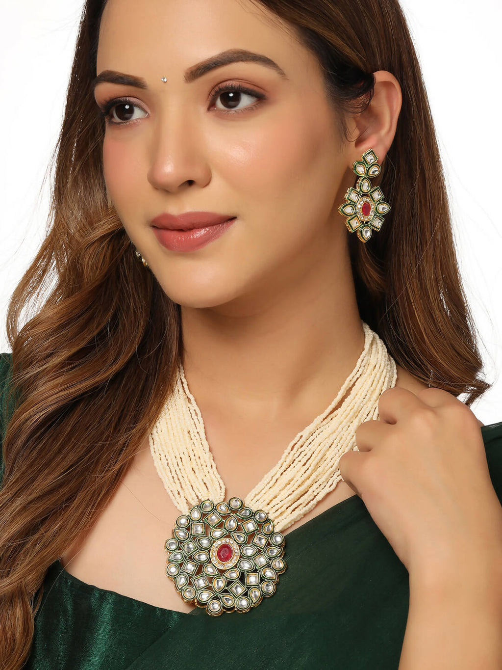 NVR Women Gold-Polished Kundan Studded Jewellery Set