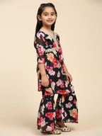 Alakhi Studio Girls Floral Georgette Printed V-Neck Kurta With Sharara - Black