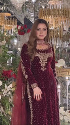 Joban Fashion Wine Velvet Sequence Embroidery Work Kurta Set - Distacart