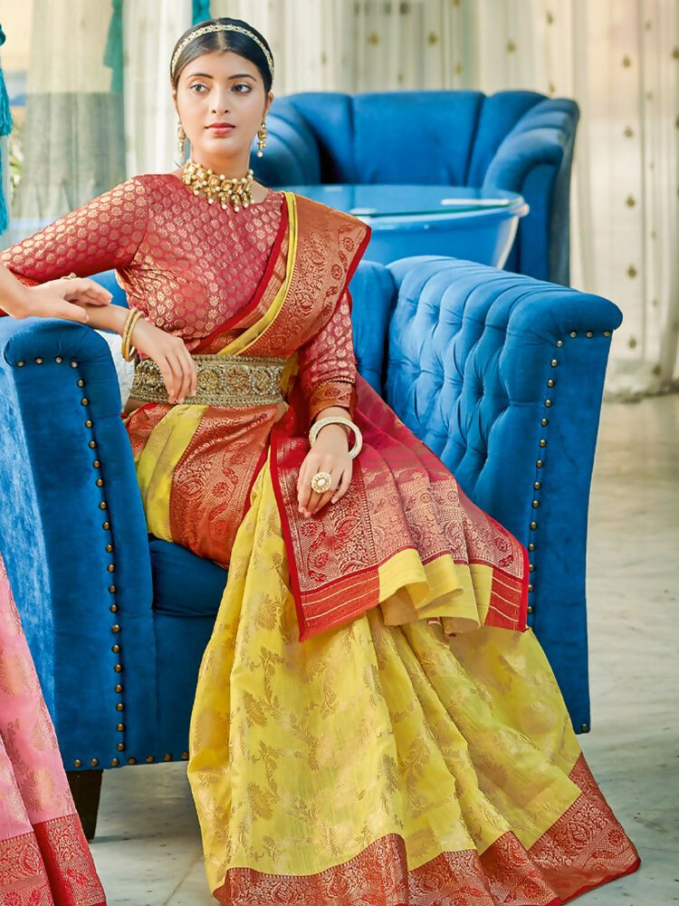 Shree Shyam Fashion Linen Cotton Yellow Saree - Distacart