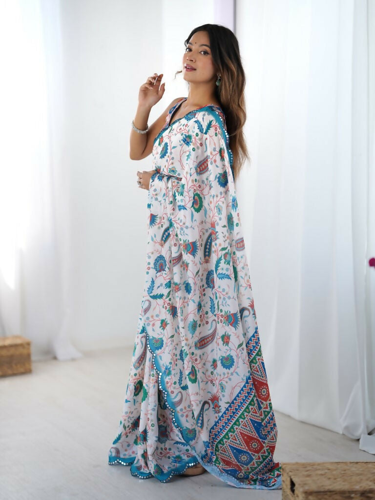 Off White Chinon Designer Digital Printed,Mirror Cut Work Saree - Elayna