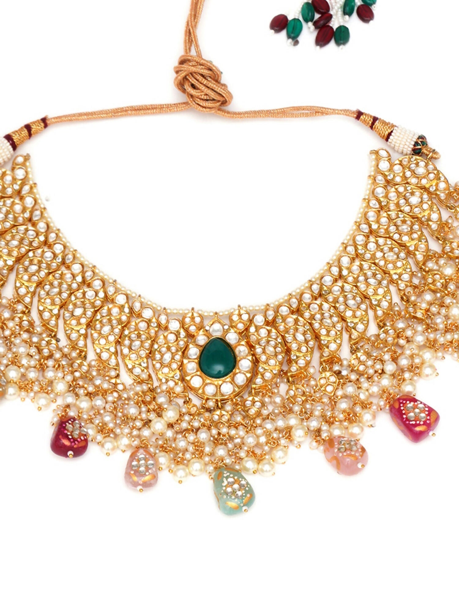 Kundan Choker with Matching Earrings & Maang Tikka Jewellery Set (Gold) - Ruby Raang