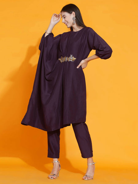 Women Republic Purple Fusion Style Kurta With Hand Embellishment And Pants