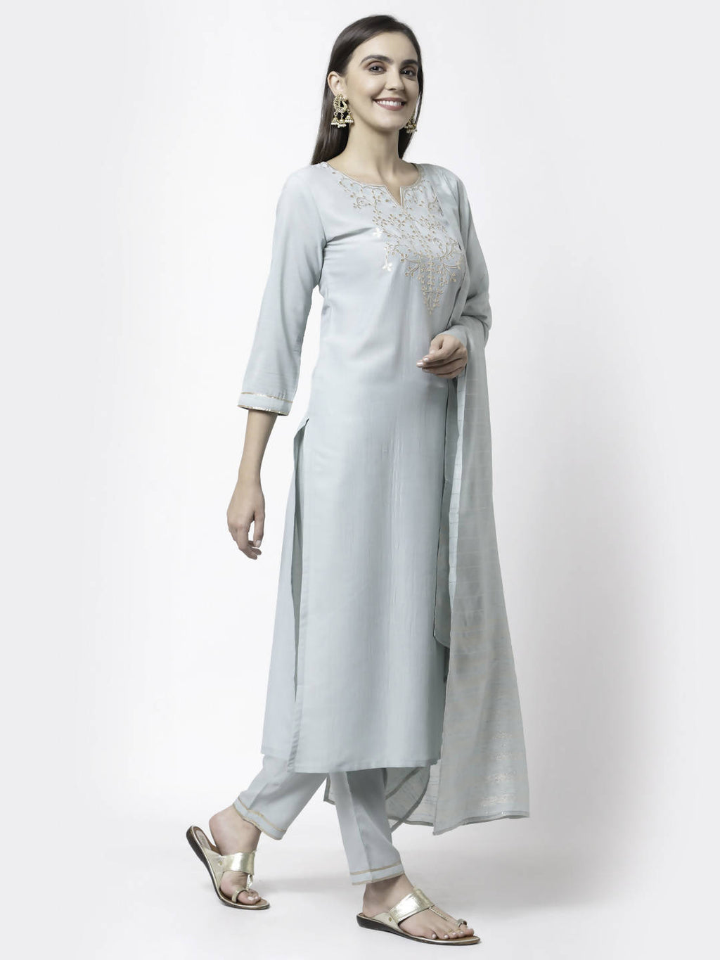 Myshka Grey Silk Blend Embroidered 3/4 Sleeve Round Neck Kurta Pant Dupatta Set