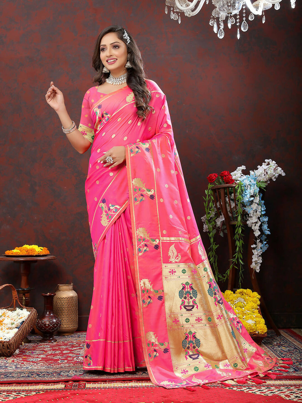 Lorenvalley Fashion Pink Soft Paithani Silk Woven Design Gold Zari Meenakari Weaving Saree