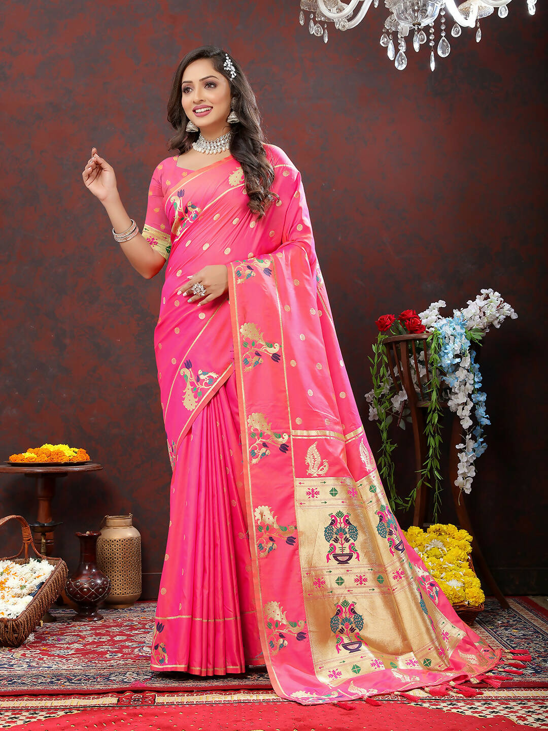 Lorenvalley Fashion Pink Soft Paithani Silk Woven Design Gold Zari Meenakari Weaving Saree