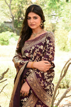 Joban Fashion Plum Purple Banarasi Soft Pure Handloom Banarasi Silk Saree