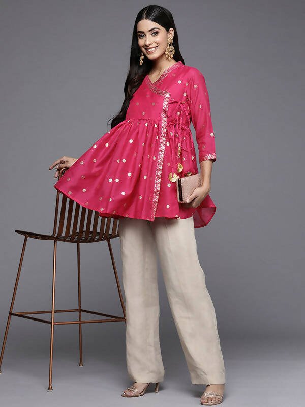Ahalyaa Womens Pink Chanderi Printed Angrakha Style Tunic - Distacart