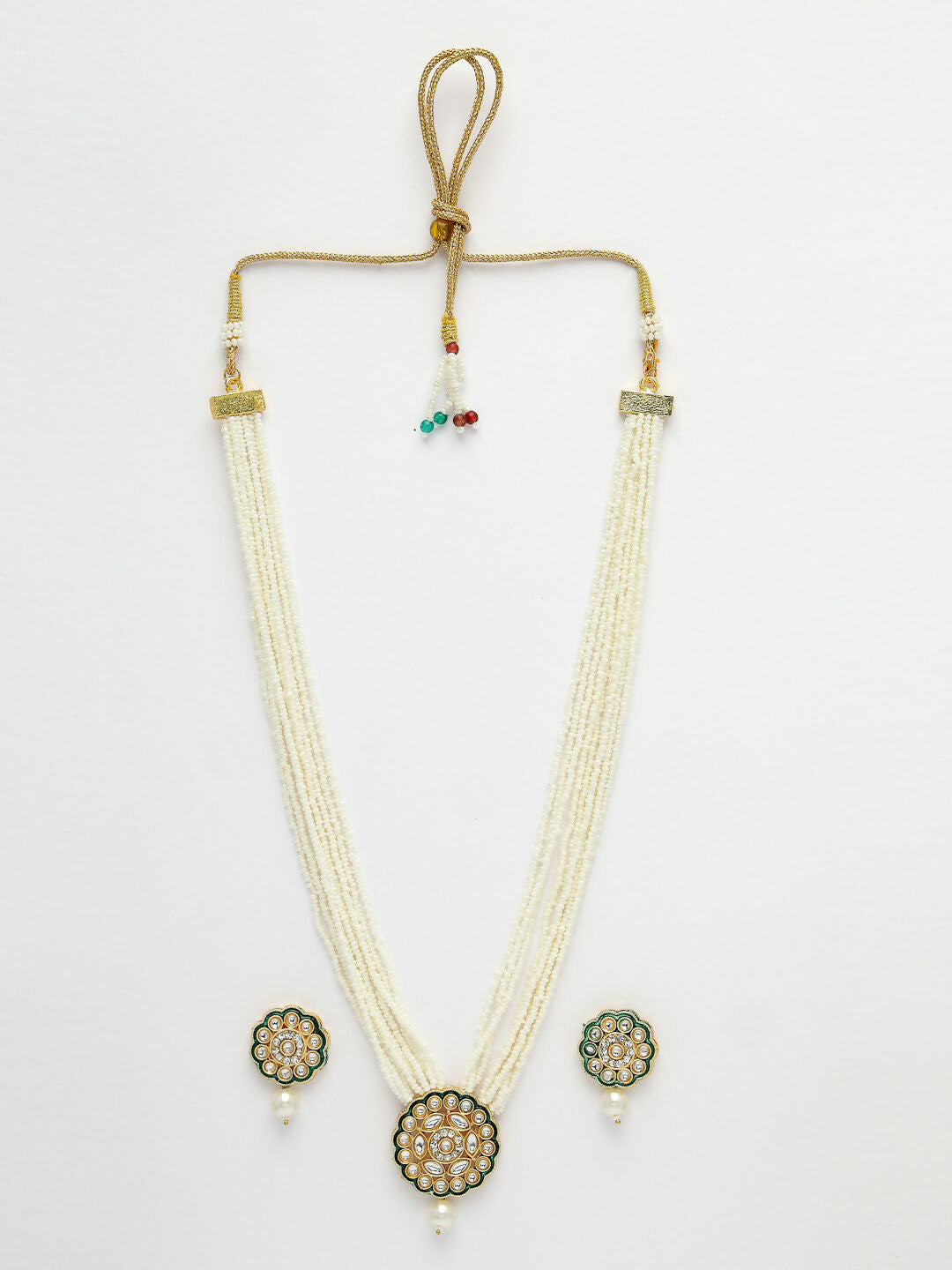 NVR Women's White & Gold-Polished Kundan & Pearl Jewellery Set