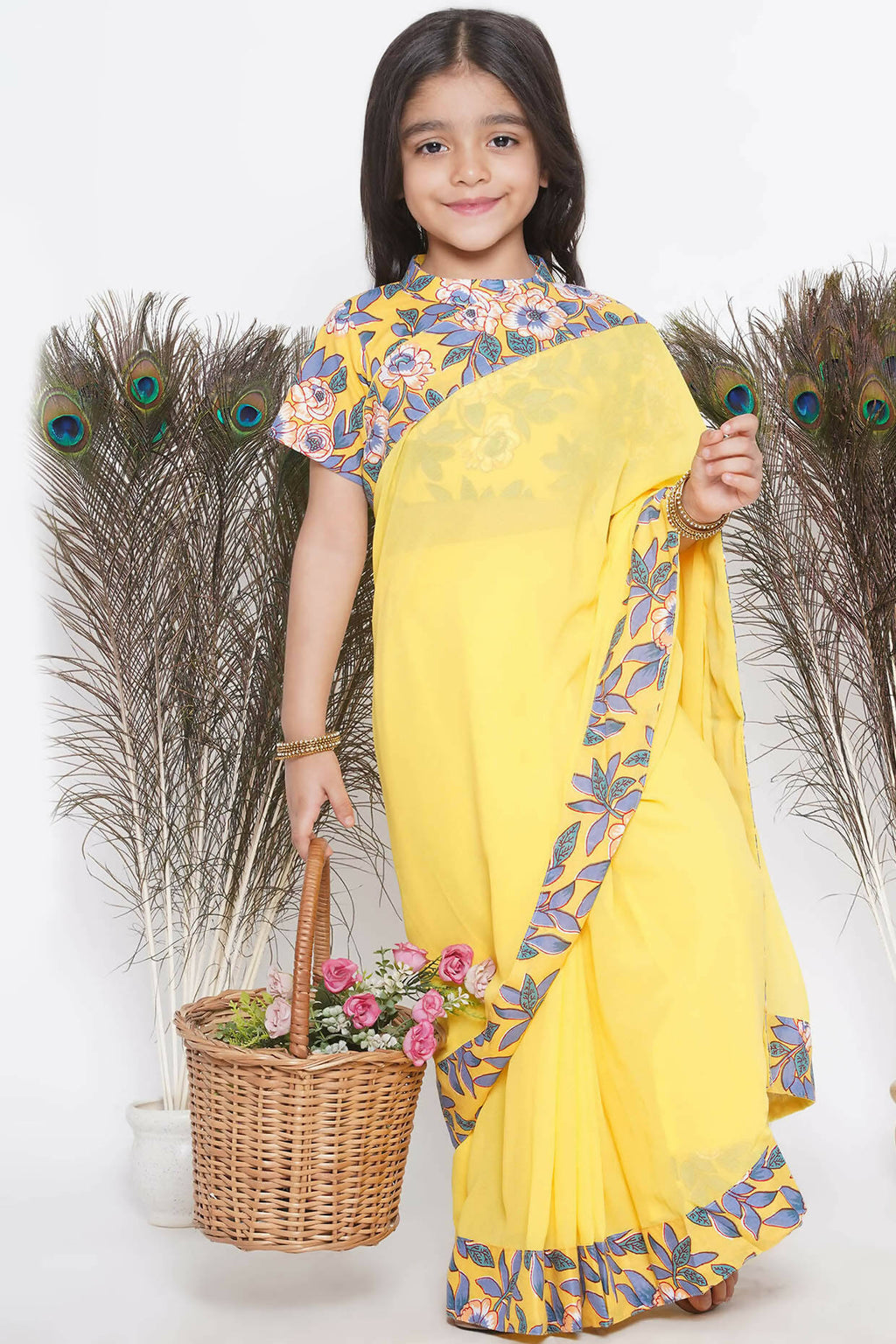 Little Bansi Floral Print Ready To Wear Saree And Floral Blouse - Yellow