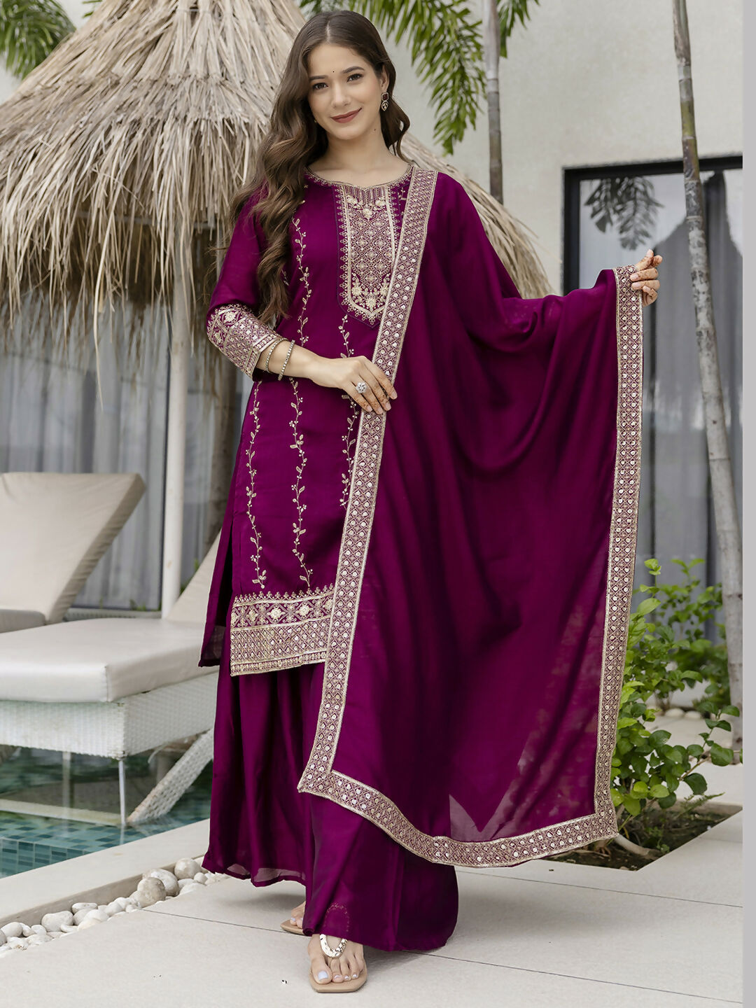 The52 Wine Beautiful Embroidered Vichitra Silk Fabric Straight Kurta, Palazzo and Dupatta Set - Distacart
