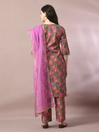 Myshka Women's Multi Printed Cotton Straight Party Kurta Set With Dupatta