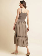 Brown Cotton Solid Flared Dress with Printed Shrug - Yukti - Distacart