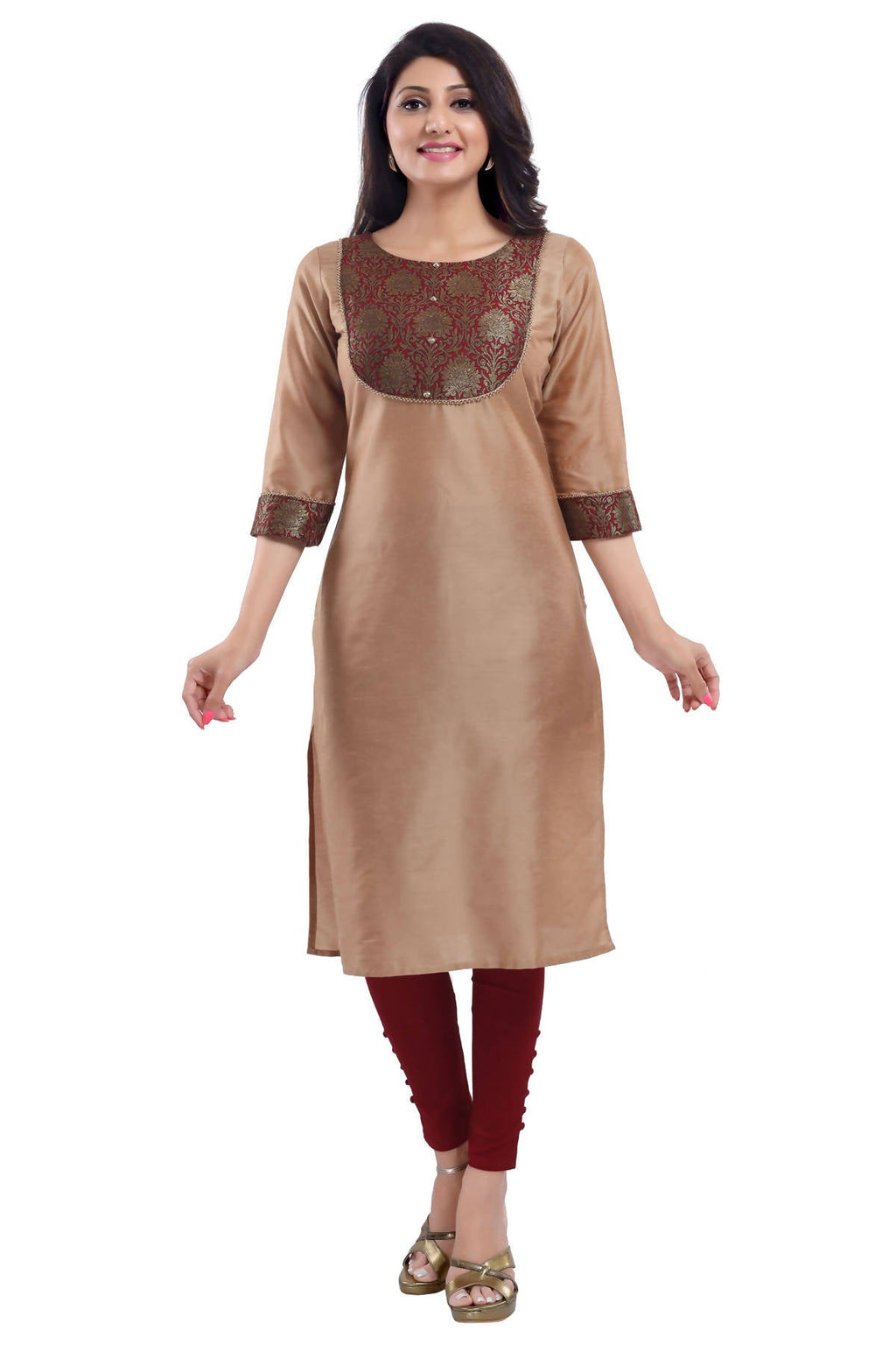 Snehal Creations Beige Cotton Silk Kurti Top - Distacart