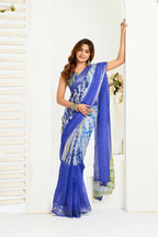Vastranavya Blue Digital Printed Linen Ready To Wear Designer Saree with Unstitched Blouse - Distacart