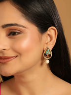 Nuyug 22K Gold Plated Faux Turquoise Stone Studded Contemporary Petal Shaped Pearl Drop Stud Earrings - Distacart