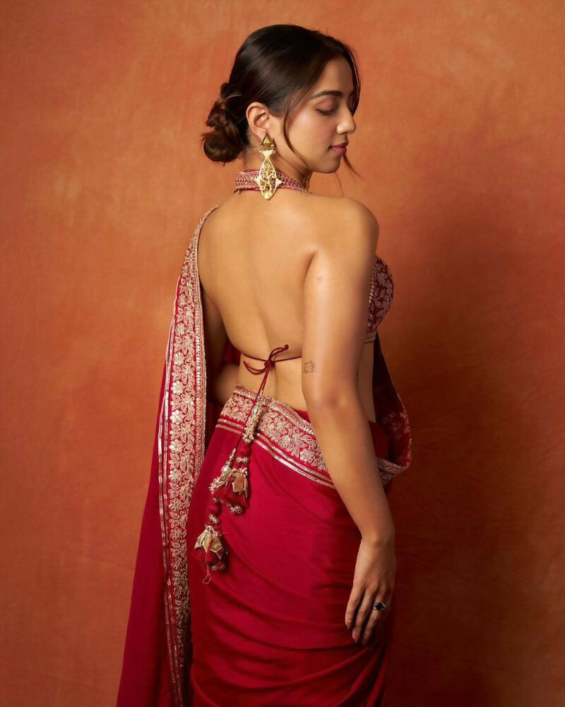 Joban Fashion Red Fandy Satin Silk Party Wear Sarees - Distacart