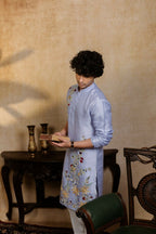 Falling Raw Silk Power Blue Botanical Bloom Kurta Set By Hilo Design