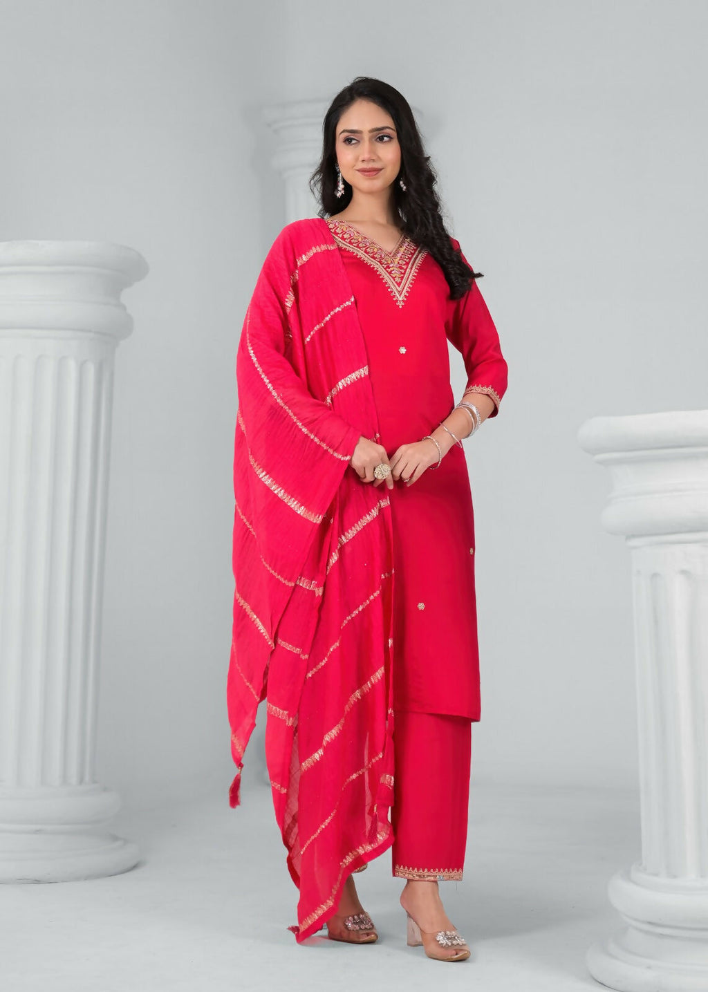 Ethnic Festive Wear Reyon Red Stitched Suit With Dupatta - Tanisha