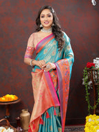 Lorenvalley Fashion Skyblue Kanjivaram Silk Woven Design with Zari Weaving Saree