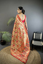 Joban Fashion Light Orange Floral  & Peacock Motifs Soft Silk Paithani Saree - Distacart