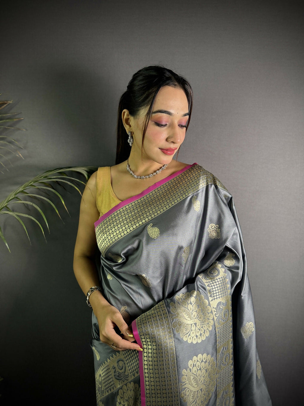Joban Fashion Dark Grey Banarasi Soft Lichi Silk Paisley Saree - Distacart
